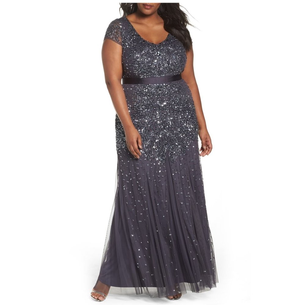 Adrianna Papell gown 14W in gunmetal gray, v-neck, cap sleeves beaded